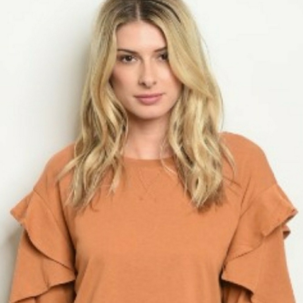 Soft Pullover Top with Ruffled Sleeves Camel - Picture 2 of 7